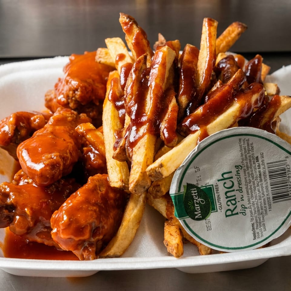 Takeout container filled with saucy chicken wings, barbecue-drizzled fries, and a side of ranch dressing.