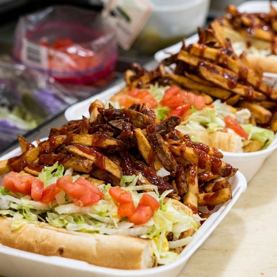 Loaded sandwiches with lettuce and tomatoes beside saucy fries in white takeaway trays on a restaurant counter.