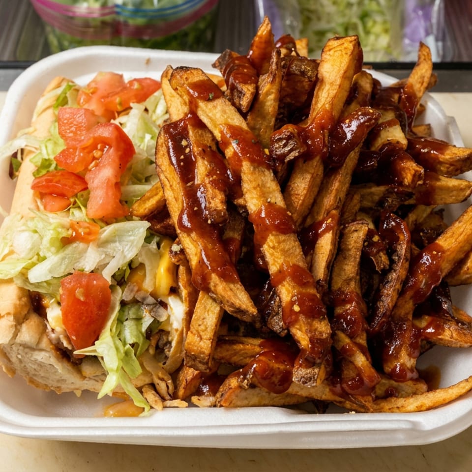 Takeout tray filled with barbecue-sauced fries alongside a pita sandwich topped with shredded lettuce and tomatoes.
