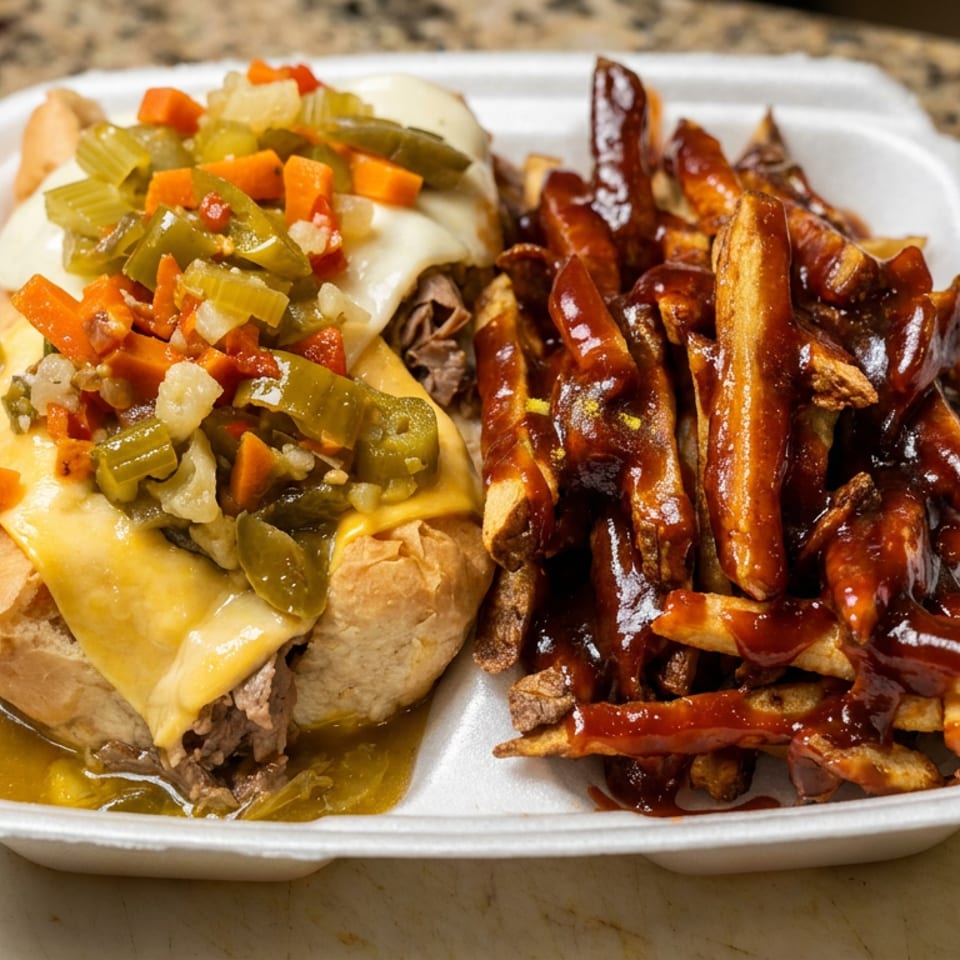 Cheesesteak sandwich topped with mixed peppers and onions alongside barbecue-coated fries in a takeout container.