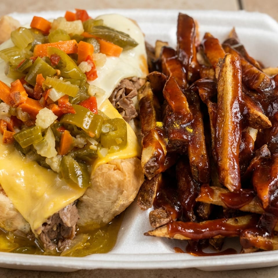 Steak sandwich topped with melted cheese and giardiniera alongside barbecue-glazed sweet potato fries in a takeout container.