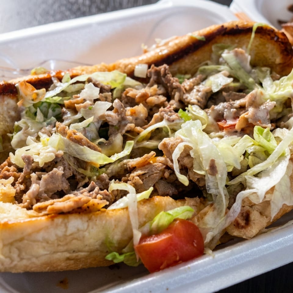 Toasted pita sandwich filled with seasoned meat, lettuce, onions, tomatoes, and creamy sauce in a takeout container.