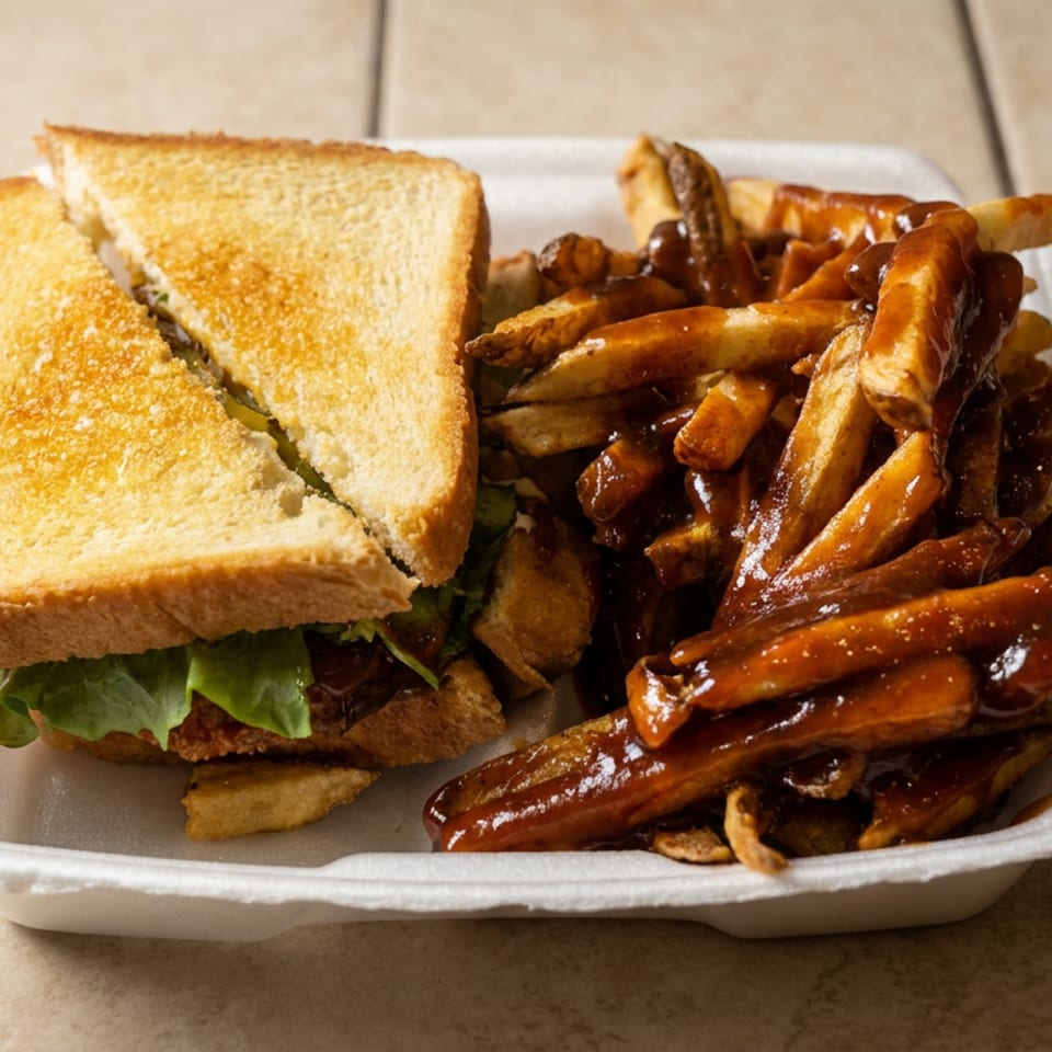 Toasted sandwich with lettuce and filling alongside fries coated in glossy brown sauce in a foam takeout container.